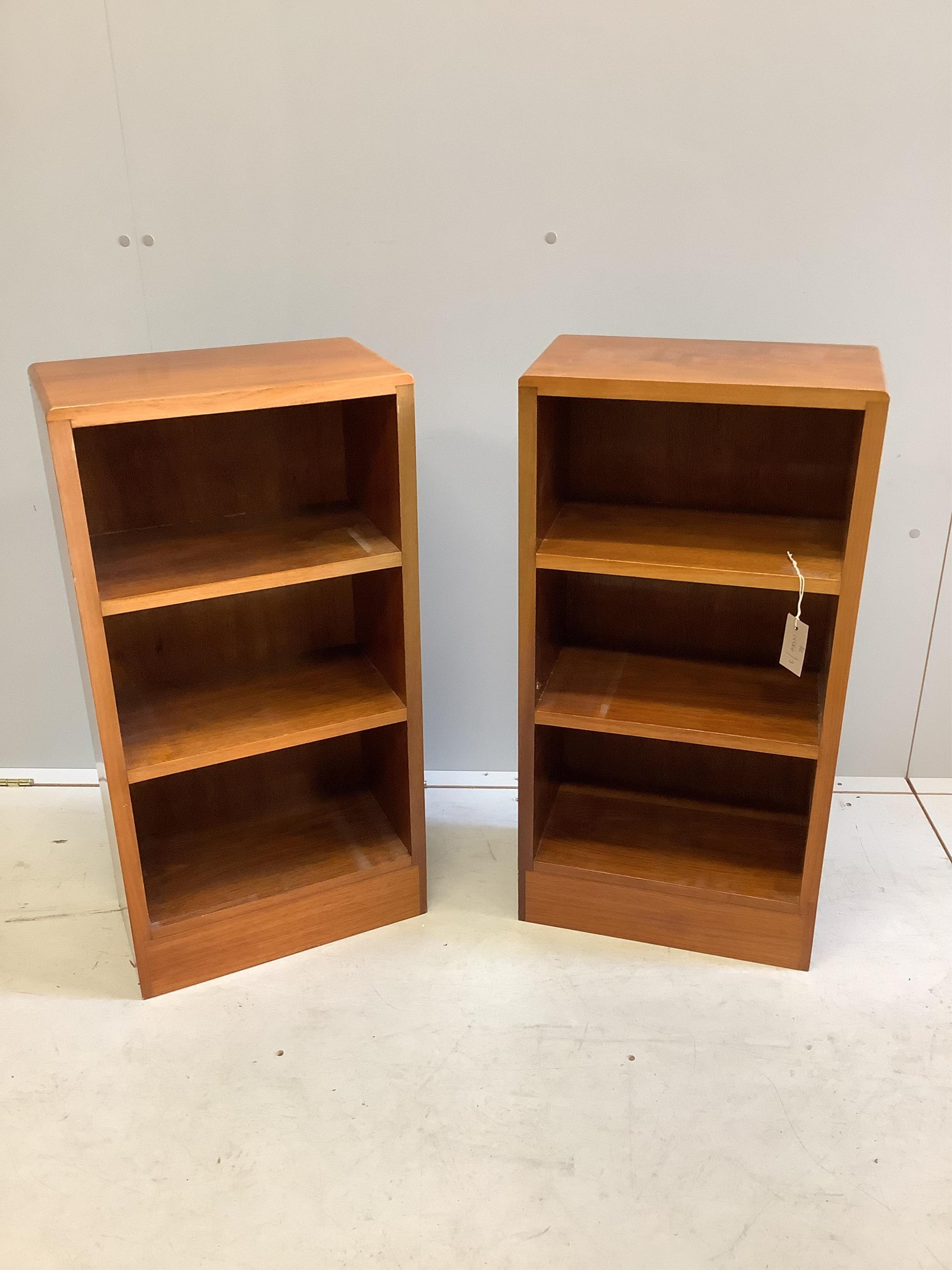 A pair of mid century hardwood open bookcases, width 40.5cm, height 80cm. Condition - good